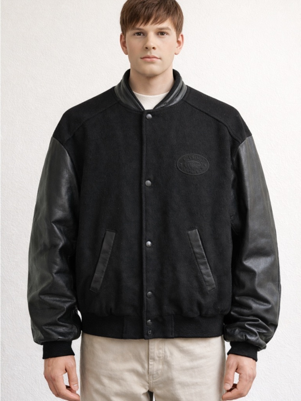 90s Vintage Black Varsity Jacket Unisex Medium